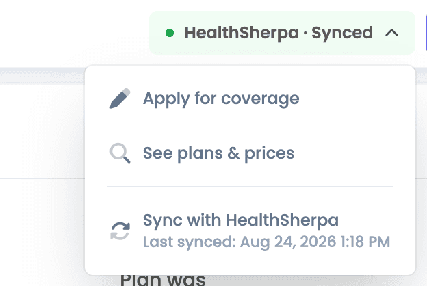 HealthSherpa menu synced inside Apizeal