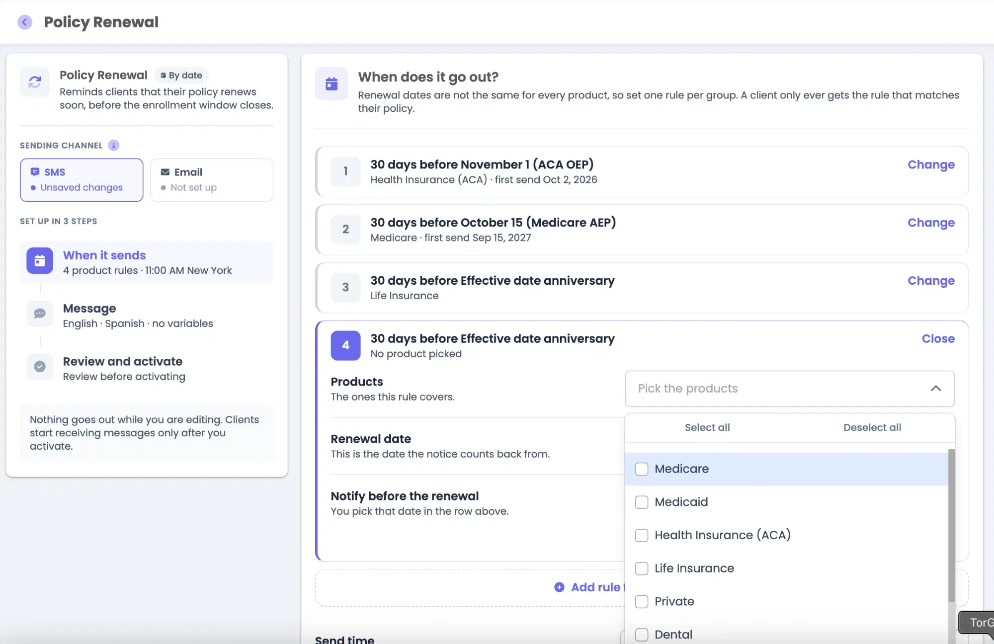 Configuración de la automatización de renovación en Apizeal, con una regla por producto y los tres pasos del montaje