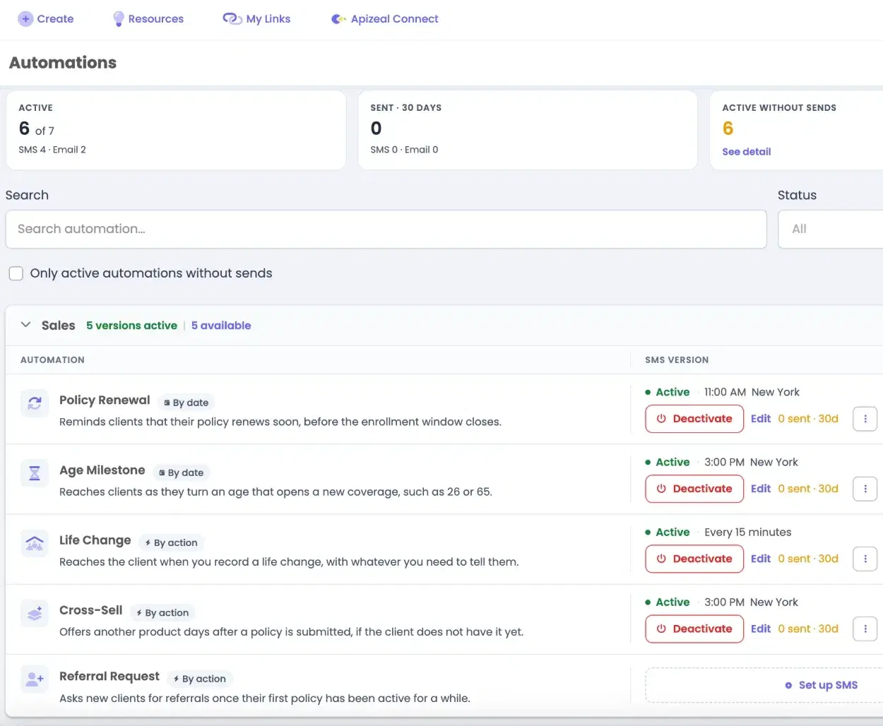 Panel de Automatizaciones de Apizeal con las automatizaciones de ventas activas y sus envíos por SMS