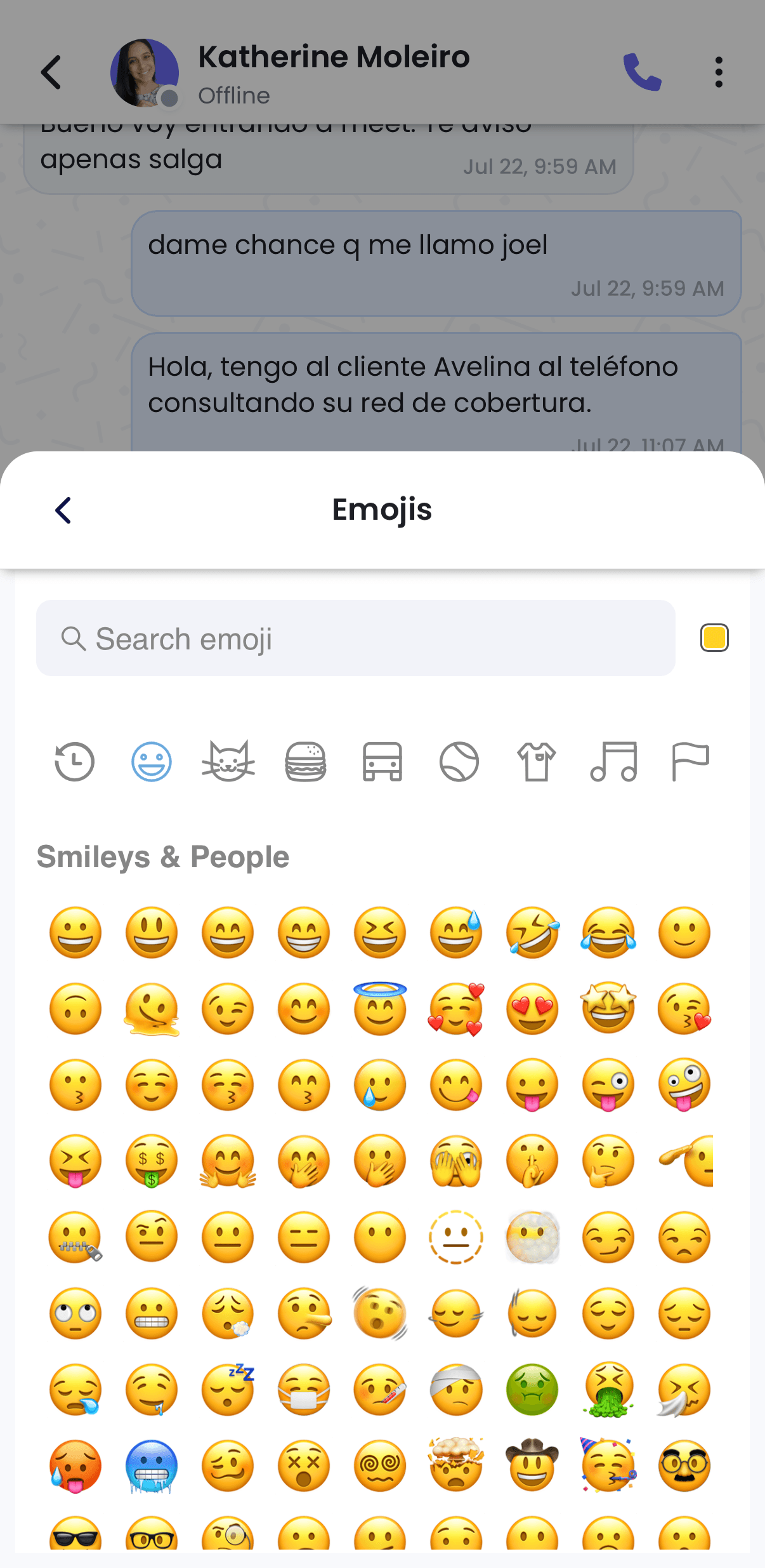 Selector de emojis en el chat de Apizeal Connect