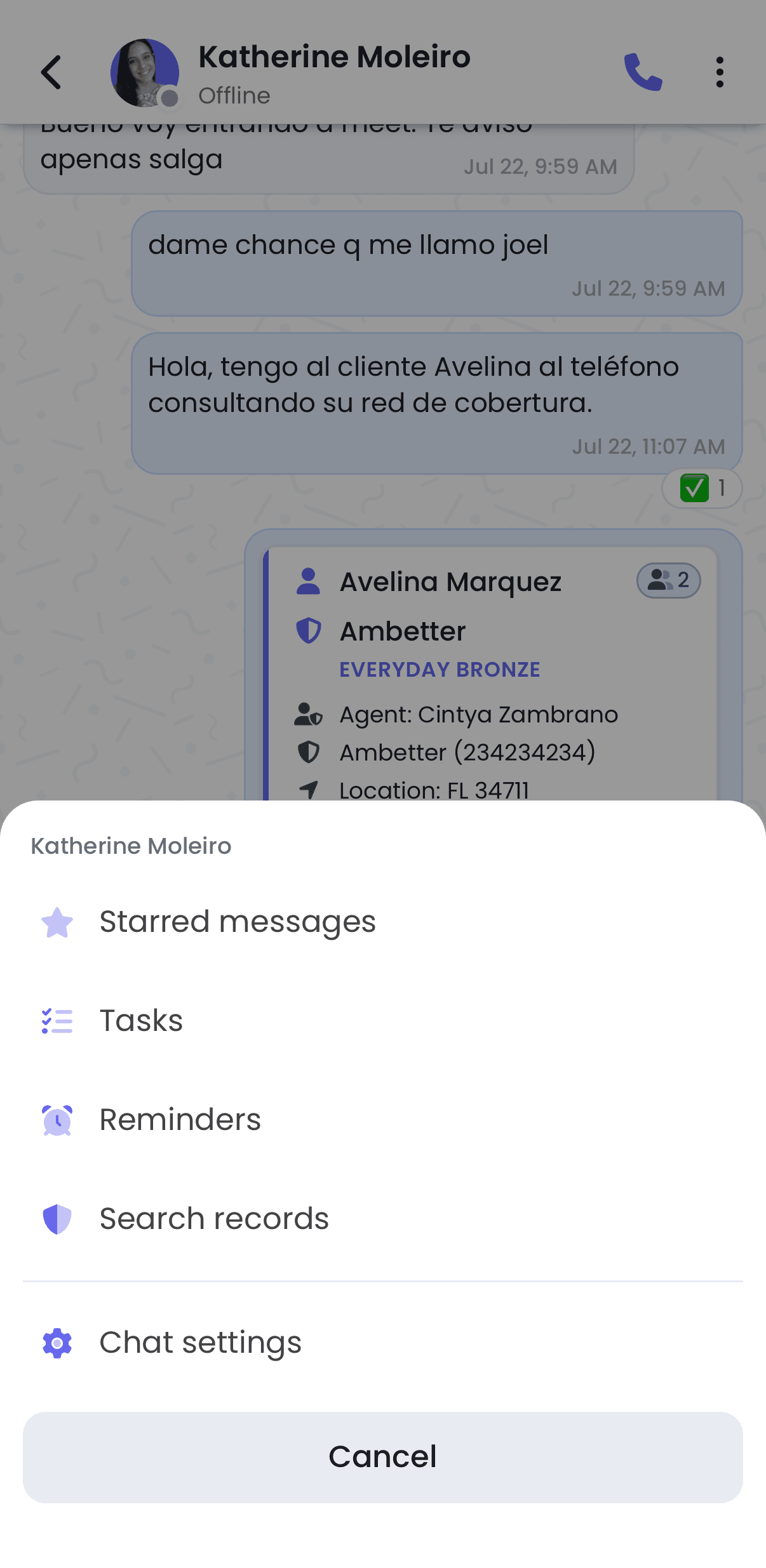 Menú de la conversación en Apizeal Connect