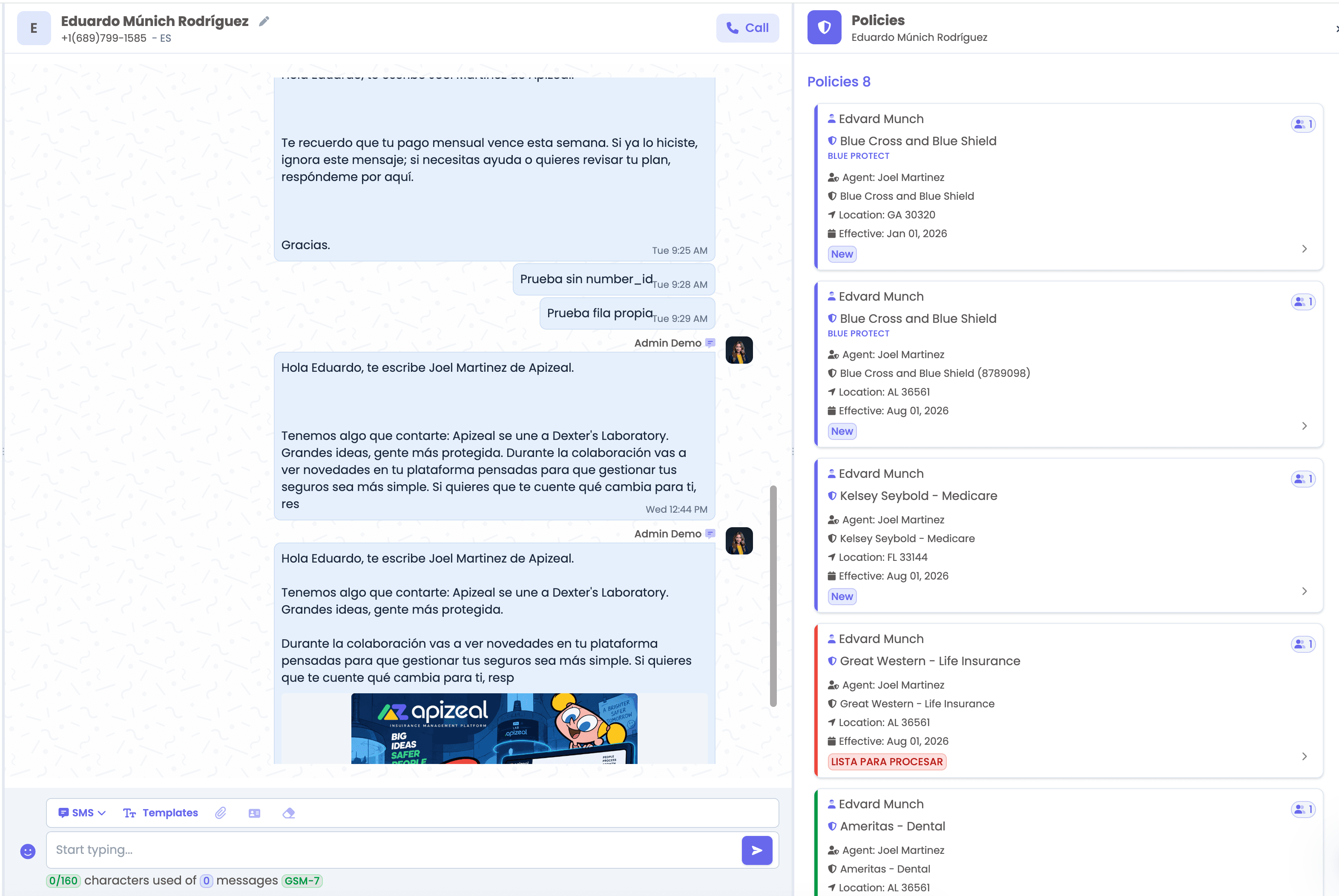 Conversación del cliente con el panel de pólizas en Apizeal