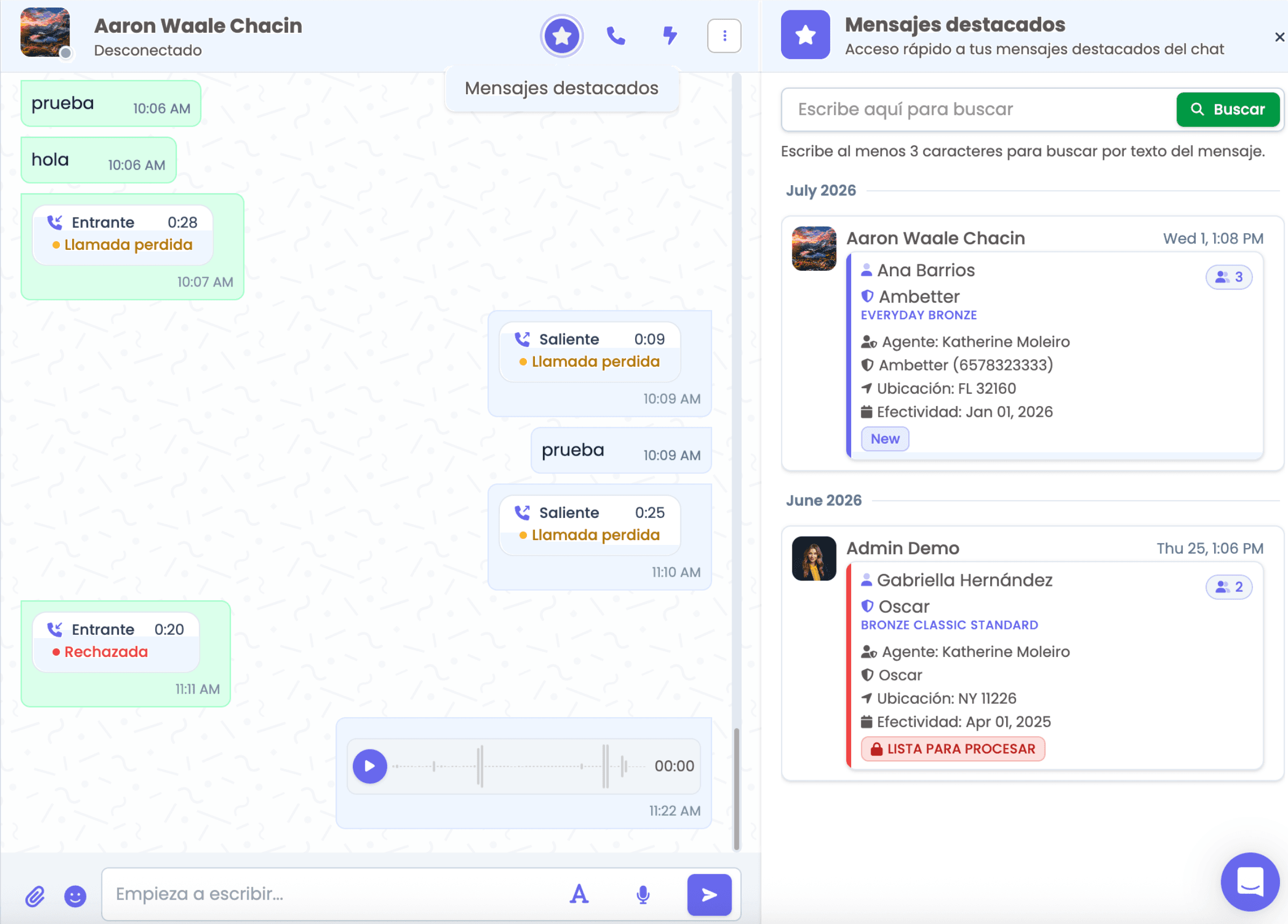 Conversación con llamadas y grabaciones dentro de Apizeal, con las pólizas del cliente al lado