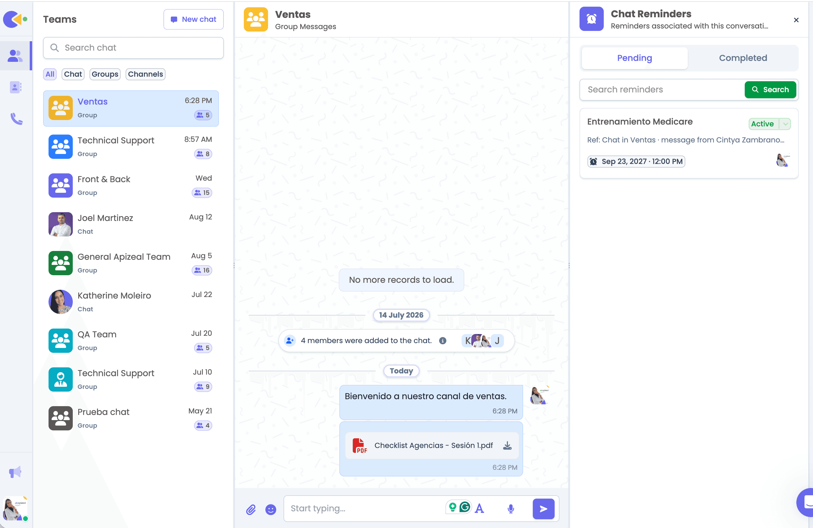 Apizeal Teams: lista de equipos y canales con el chat interno del canal de ventas