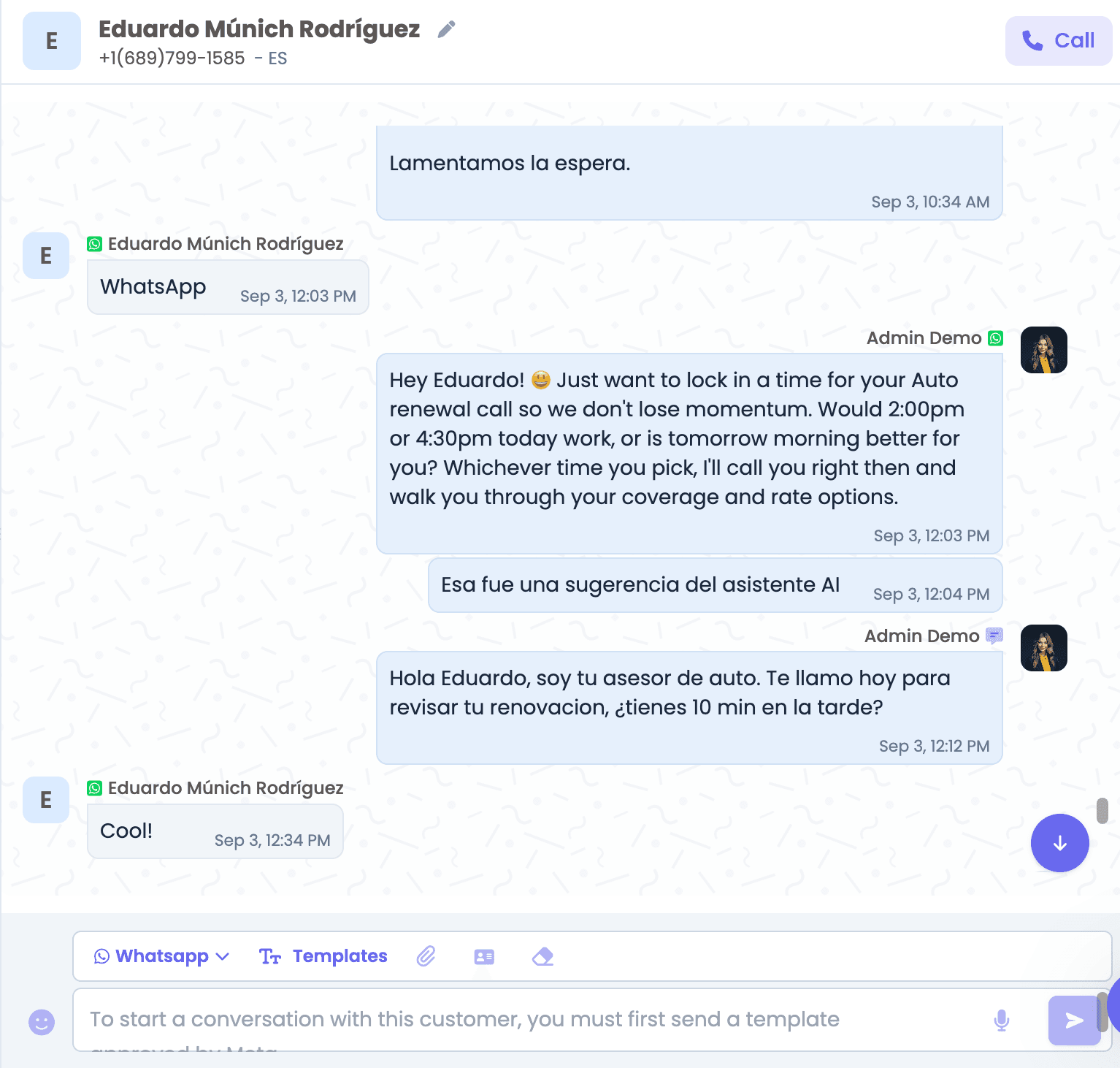 Conversación de WhatsApp con un cliente dentro de Apizeal