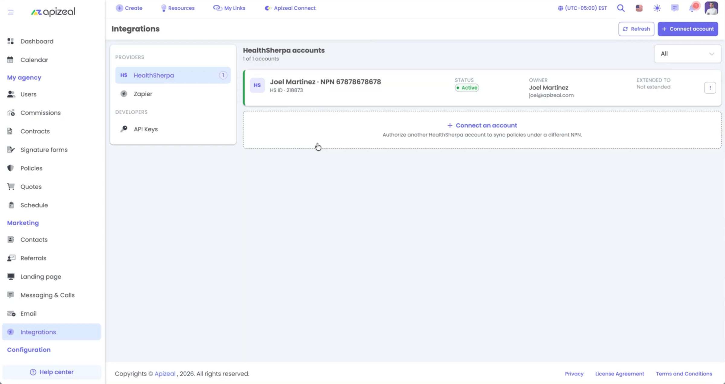 Integrations page in Apizeal with HealthSherpa accounts
